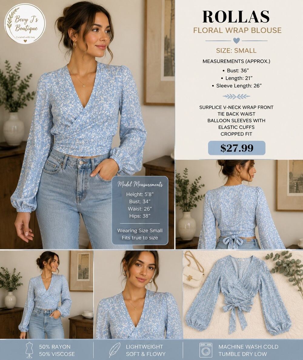 Rollas Women’s Wrap V-Neck Blouse S Blue/White Floral Long Sleeve Tie Closure